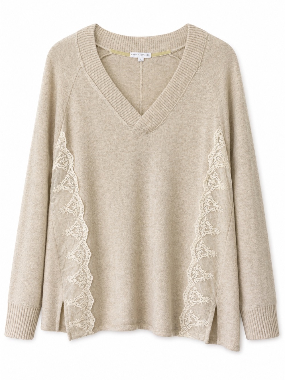 Coco+Jamison Sweater beige size L lace detail v-neck